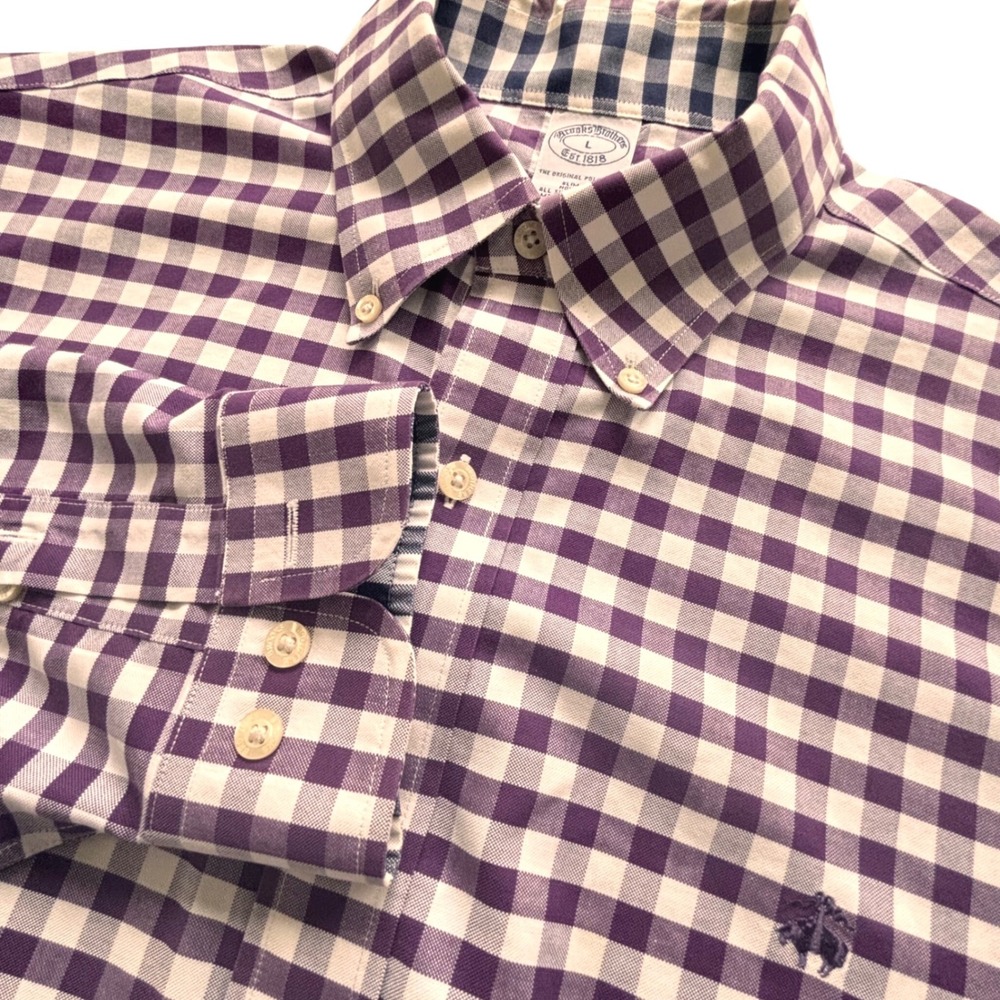 Brooks Brothers Button Down Mens L Purple Gingham Sheep Logo Slim Fit Preppy